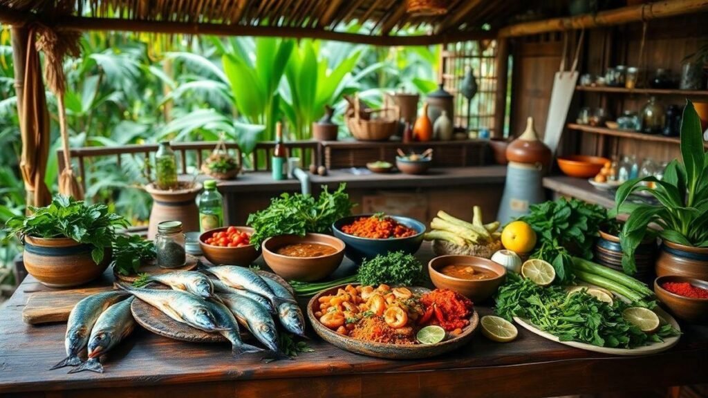 Traditional Amazonian recipes for sustainable seafood from the rainforest 6 Belém Brazilian Assorted Amazonian ingredients displayed on a rustic wooden table, including native fruits, herbs, and regional spices.