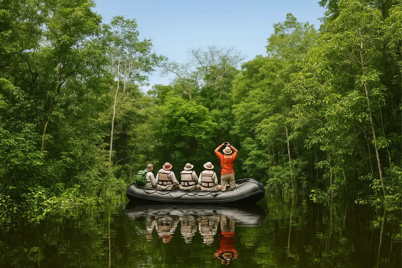 Amazon River Boat Tours in Belém Tourists exploring flooded forest in Belém on an eco boat tour
