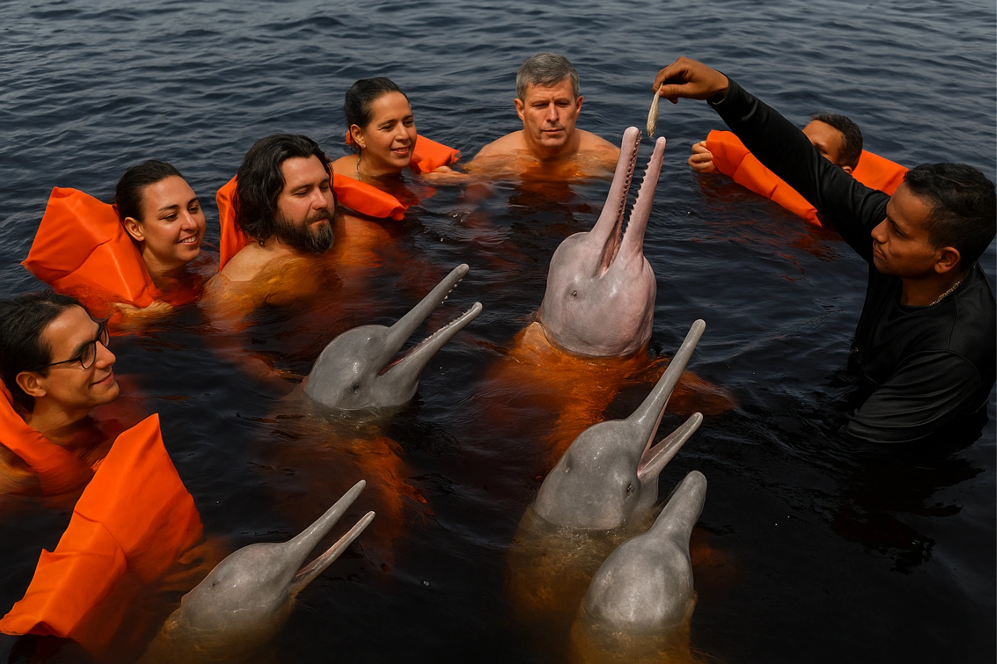 Tourists interacting with a pink river dolphin in the Amazon