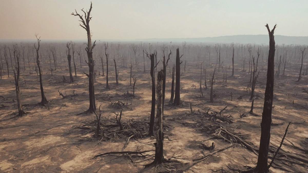 Amazon in Metastasis – Desertified Rainforest and Ecological Collapse Amazon in Metastasis: desertified rainforest landscape with dry riverbeds, scorched trees, and ash-covered terrain