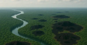Amazon in Metastasis: aerial view of rainforest with black burn scars and signs of collapse