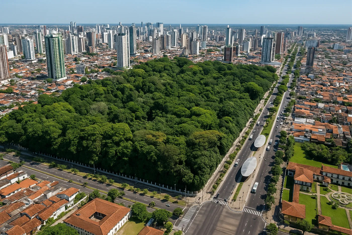 Bosque Rodrigues Alves – A Green Island in Belém Aerial view of Bosque Rodrigues Alves surrounded by the city of Belém