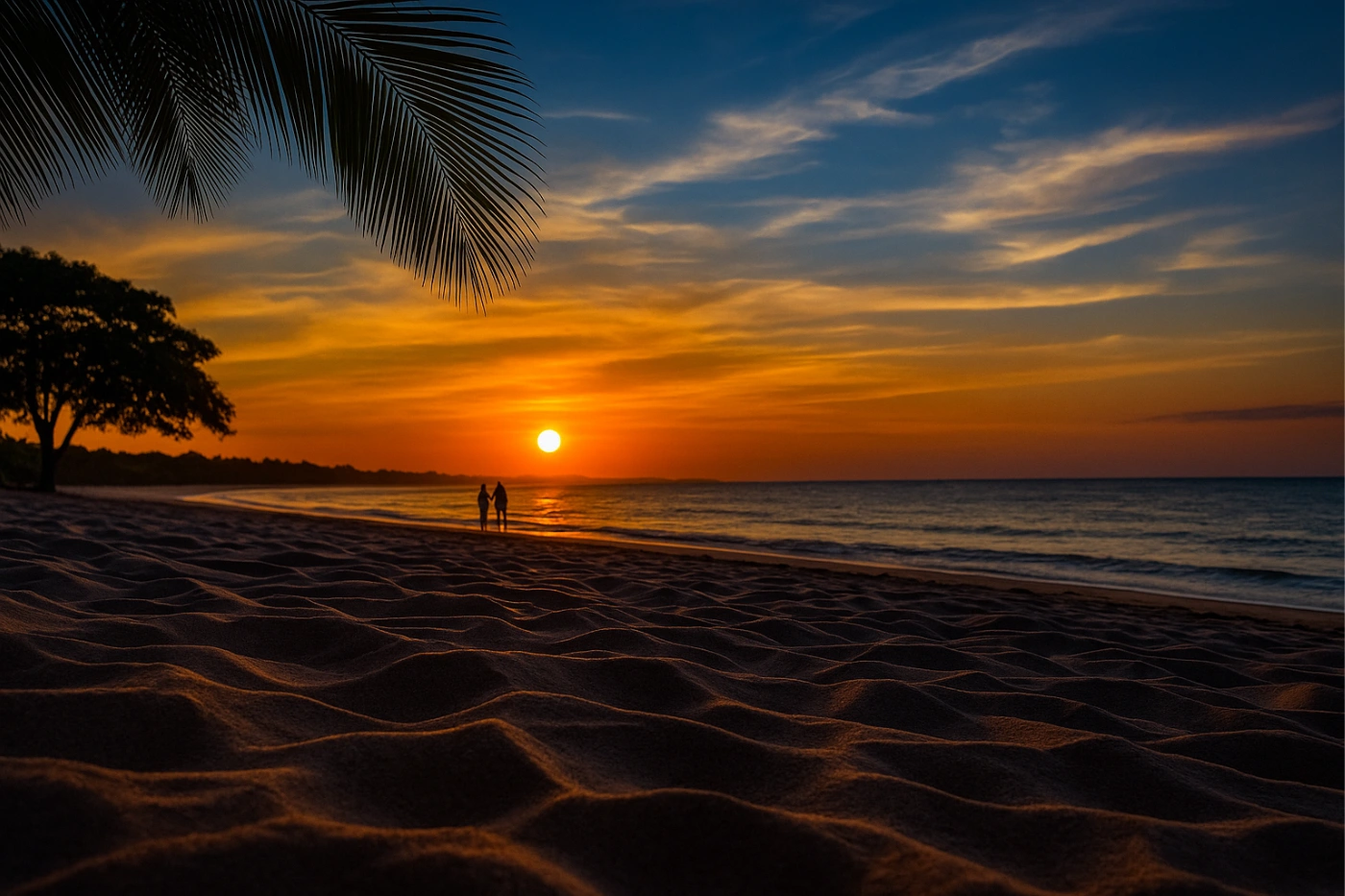 Sunset at Caripi Beach – Barcarena Golden sunset over Caripi Beach with palm silhouettes and sand
