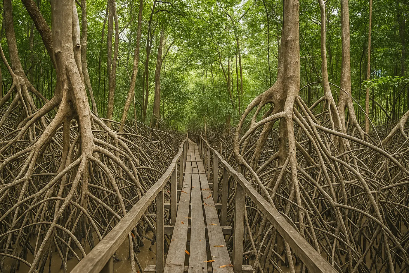 Wooden trail through flooded forest in Marajó Island