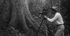 Vintage-style image recreating a filming scene from the 1918 silent documentary Amazonas